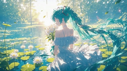 荷花池边的唯美少女初音