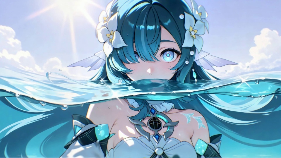 青发少女半身浸在浅蓝海水中，发间别着白花，神情清透望向镜头。