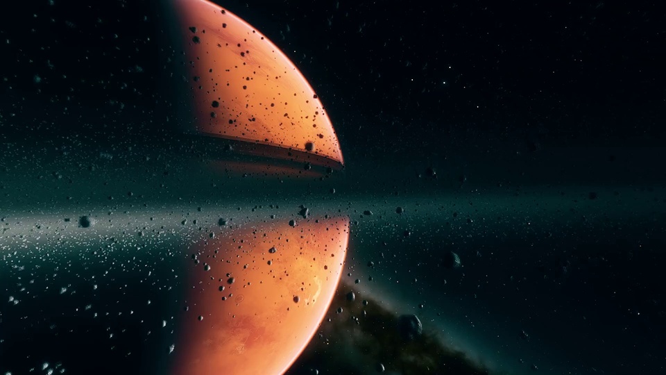 太空中被横向切开的橙红色行星环绕碎石星尘
