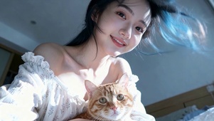 蓝发清纯少女与橘猫
