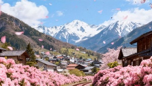 蓝天白云樱花树木双屏