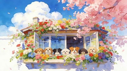 樱花树木下萌宠狗