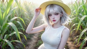 清新田园银发草帽美少女