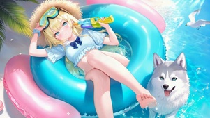 夏日泳装少女与哈士奇