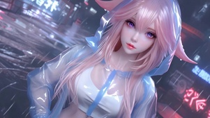 雨夜霓虹下的狐耳少女