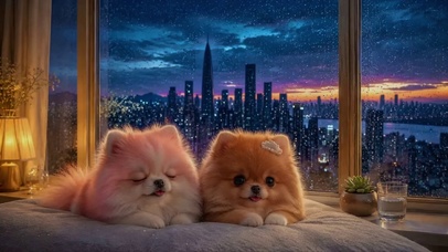 雨夜城市温馨狗狗