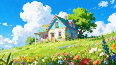 白云花草树木房屋