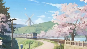 蓝天白云樱花树木火车带鱼屏双屏