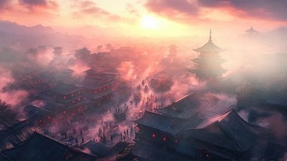 傍晚朦胧云雾古城高塔