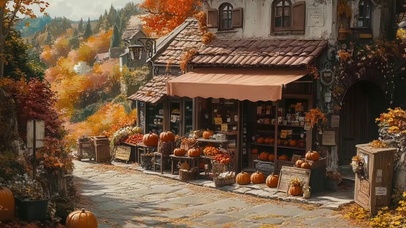 秋日小镇温馨商店街道