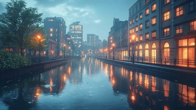 雨天城市河岸建筑风景