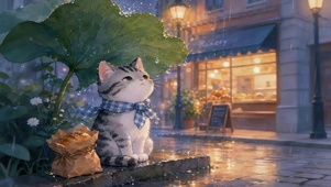 雨天绿叶下躲雨猫咪