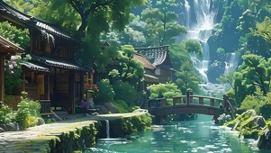 护眼绿景瀑布山水带鱼屏