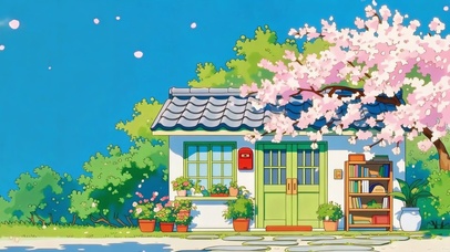 春日晴空下的绿门小屋