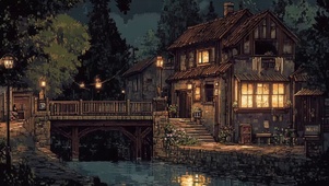 夜幕静谧溪流温馨酒馆