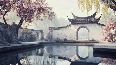 苏式园林春日池塘风景