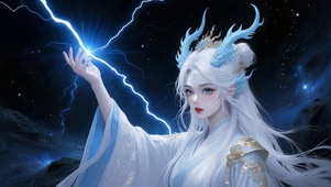 国创古风白衣白发雷电特效龙女
