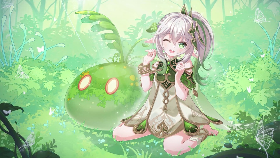 浅绿森林里跪坐的精灵少女与圆胖绿色生物，四周飘着透明蝴蝶