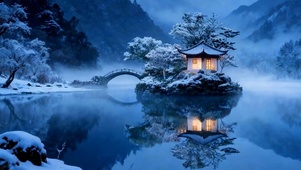 夜景雪景湖面