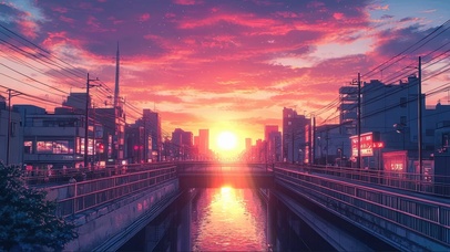 粉色城市街道晚霞风景