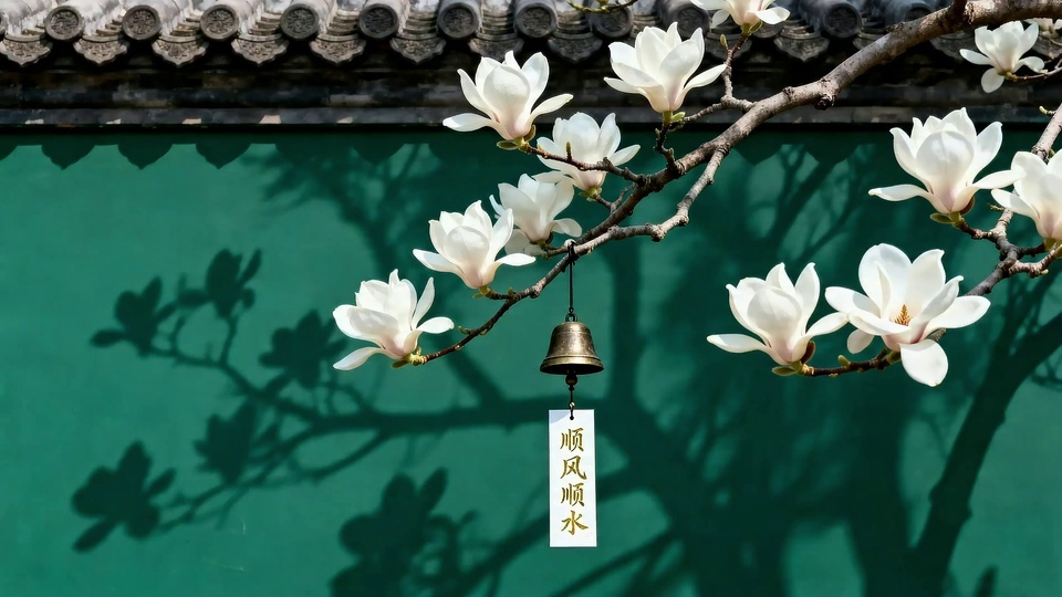 孔雀绿宫墙前的玉兰花枝、黄铜祈福铃与墙顶青灰筒瓦，晴日光下花枝影子落在墙面。