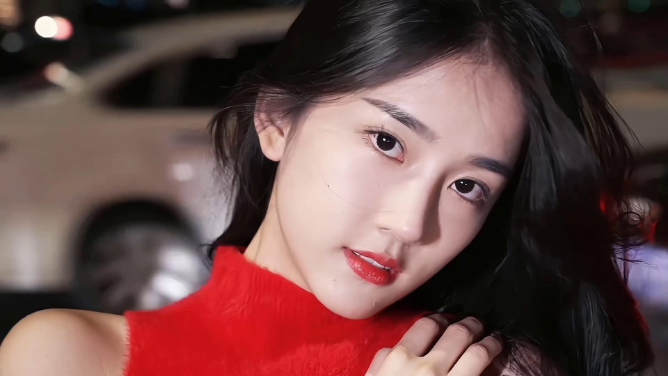 近景黑发女子身着红色毛绒高领上衣，背景是虚化夜景街道与轿车