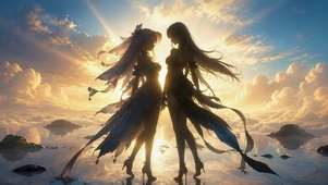 海边日落双生美少女剪影