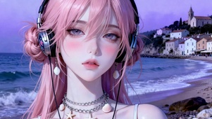 紫暮海边听风少女