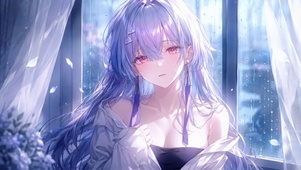 雨天窗边紫发美少女莫宁