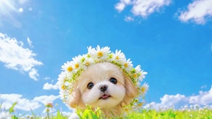 晴空下的花环小狗