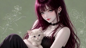 紫发美少女与可爱奶猫