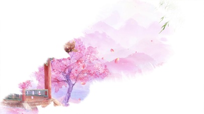 唯美古风建筑樱花水墨画