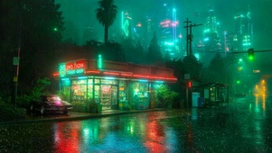 未来雨夜街边商店