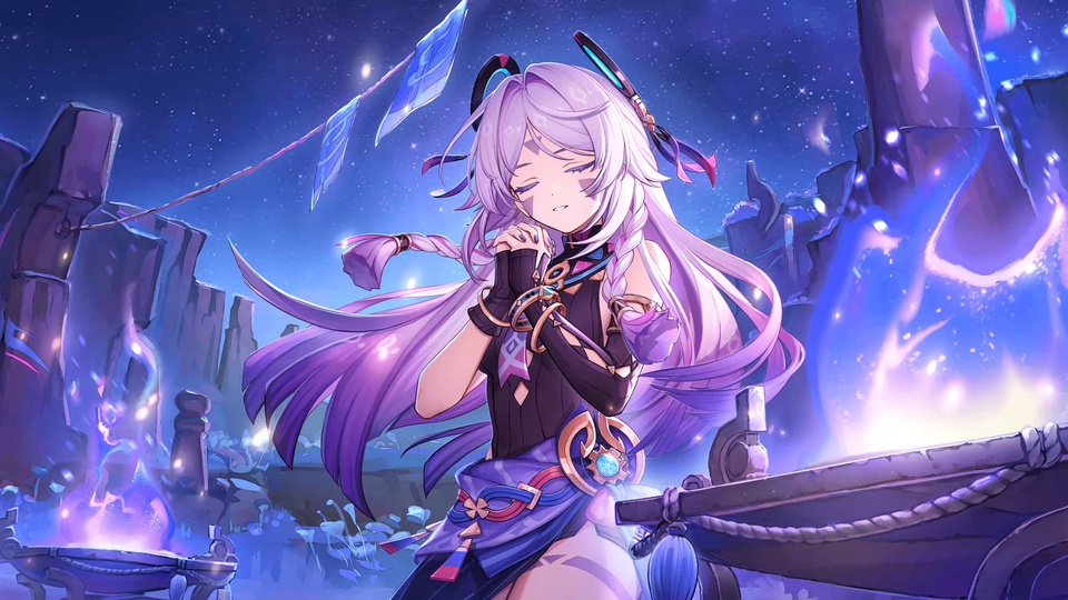 闭眼合十的紫发少女立于星空下的紫蓝色发光废墟遗迹旁。