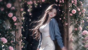 小院蔷薇花前的少女