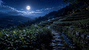 月夜星空山间茶园美景