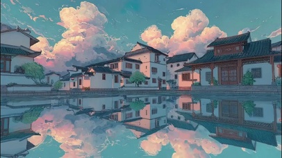 蓝天白云水中古城倒影