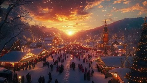 黄昏热闹圣诞小镇集市