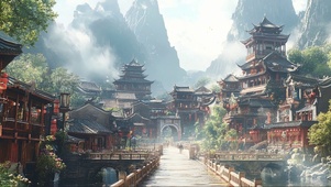宏伟山林古城清晨风景