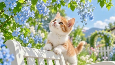 橘白小猫春日花园赏花