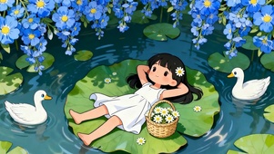 夏天躺荷叶女孩