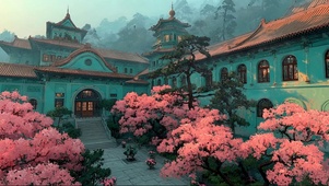 静谧迷雾山谷古建