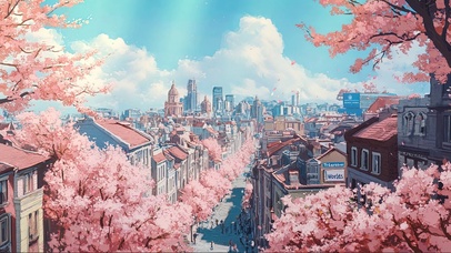 春日城市粉色建筑街道