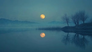 静谧圆月迷雾湖畔