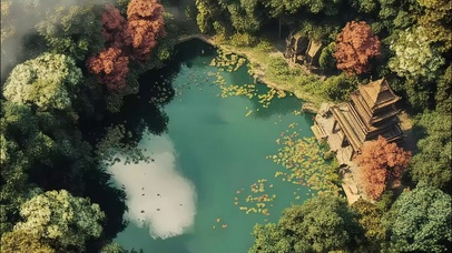 绿色森林中心湖畔古塔