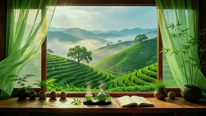超治愈茶山晨雾窗景