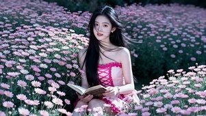 花丛中看书的红花边裙清纯美女4
