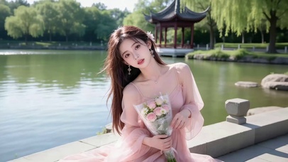 公园湖边手捧鲜花的粉衣美女