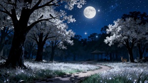 秋冬梦幻夜晚郊外树下月光森林