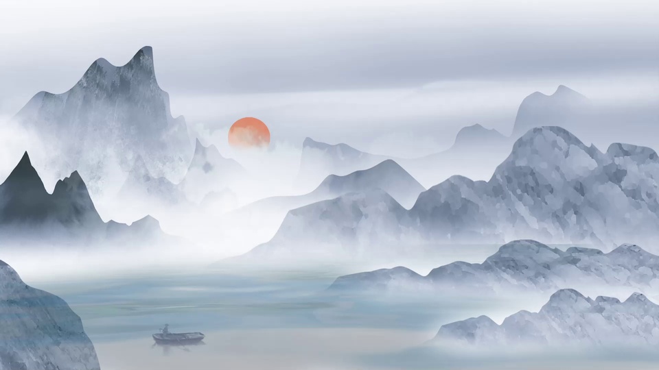 水墨国风山水，雾中层叠灰蓝山峦，橙红圆日悬于雾后，近景湖面浮着一叶扁舟